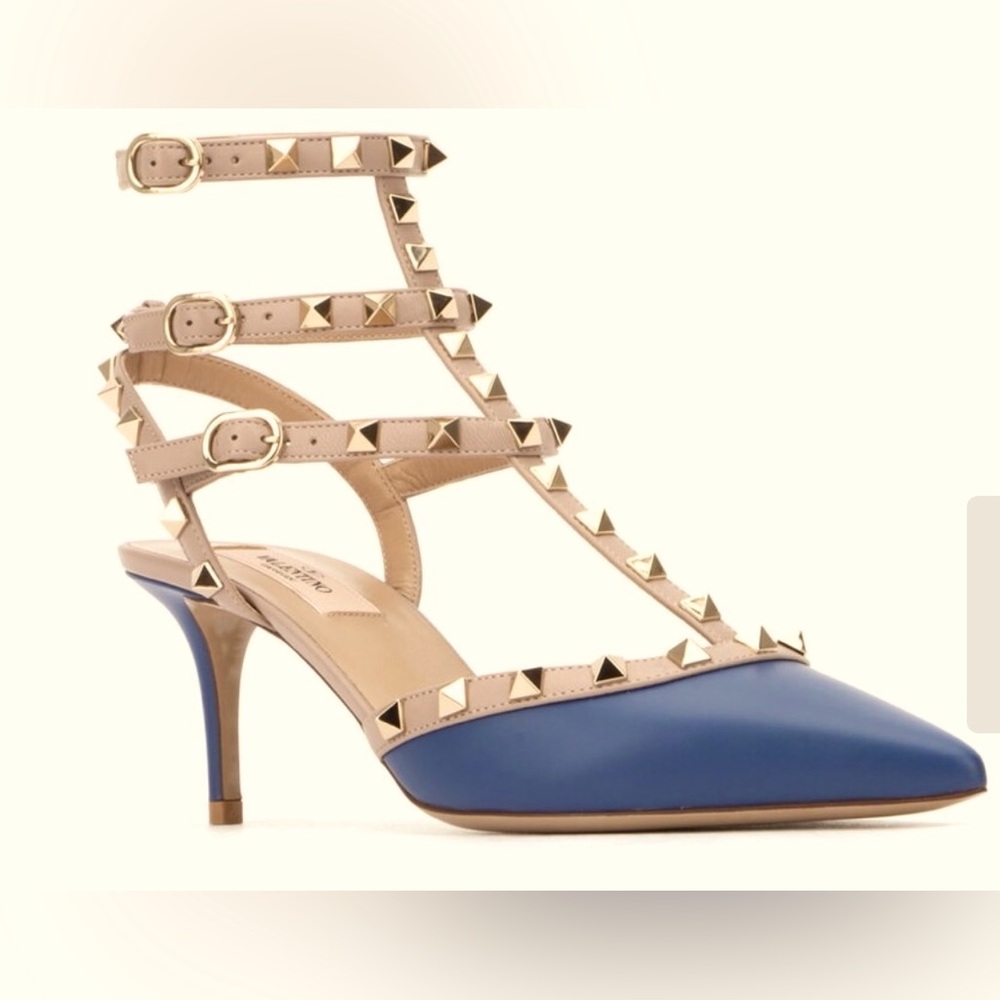 New Authentic VALENTINO Rockstud Caged 65 Grainy Leather Ankle Strap Pump 36.5